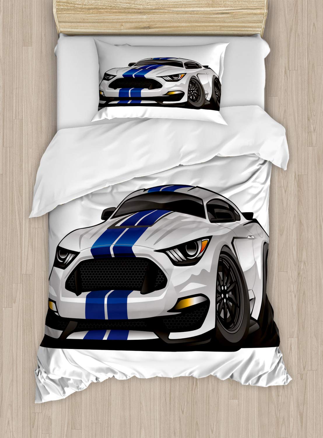 Lunarable Cartoon Duvet Cover Set, Modern American Muscle Race Rally Car In Drive Formula Print, Decorative 3 Piece Bedding Set